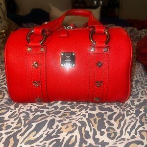 MCM Vibrant Red Satchel with Silver Accents